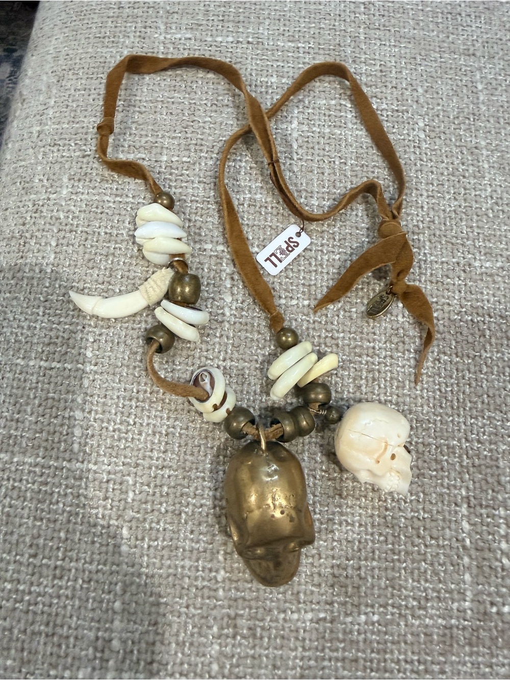 NWT Spell & the Gypsy Collective Brass & Cream Skull Pendant Necklace with Suede